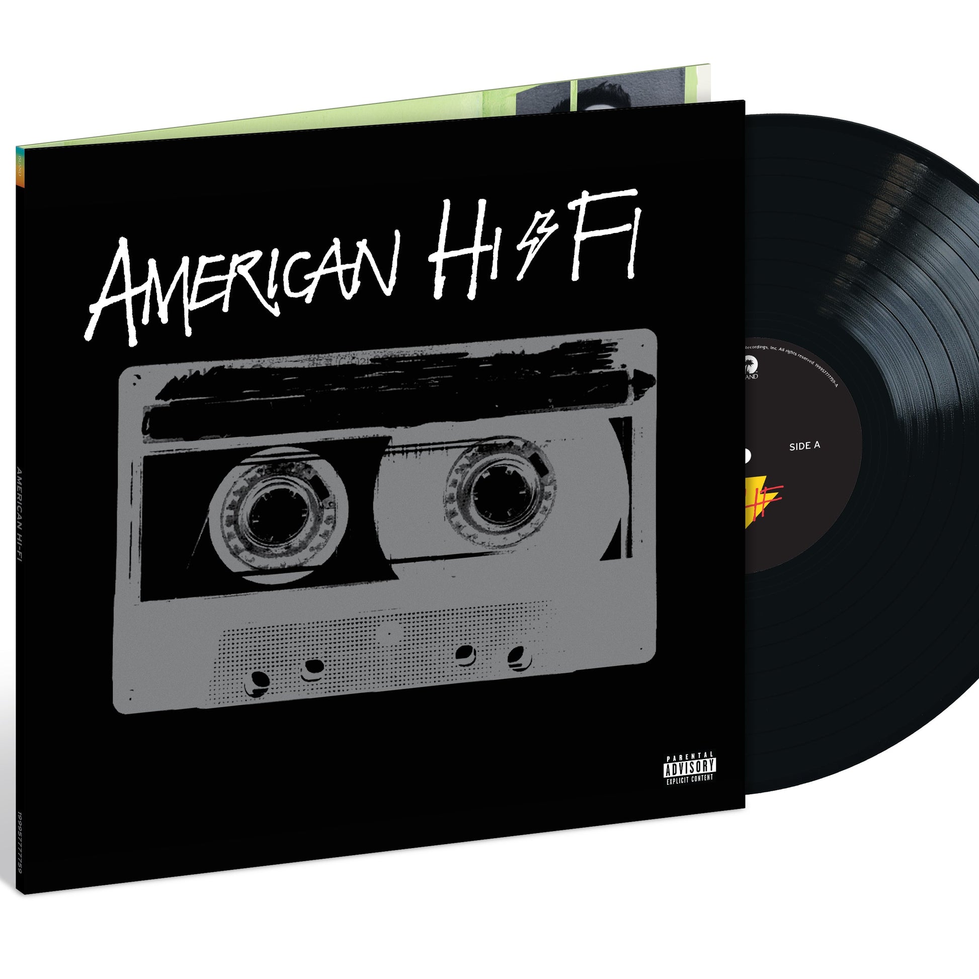 A vinyl record partially pulled from its sleeve, showing a black cassette tape graphic on a black cover with the title 'American Hi-Fi' in white script. A Parental Advisory label is visible at the bottom right.